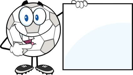 Happy Soccer Ball Cartoon Character Showing A Blank Sign