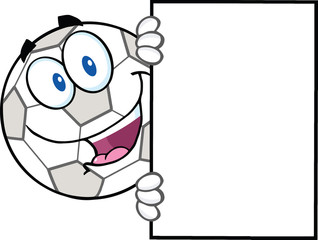 Happy Soccer Ball Cartoon Character Looking Around A Blank Sign