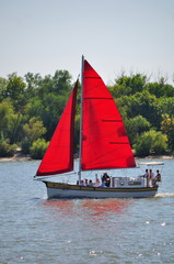 sailboat with red sails