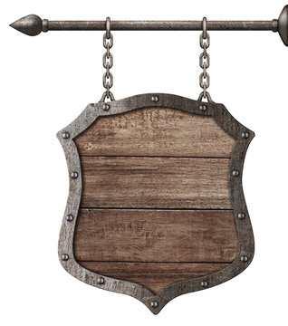 medieval wood sign or shield hanging on chains isolated on white