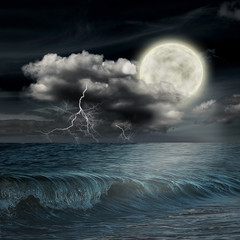 Plakaty  burzowy wieczór na oceanie i księżycu