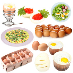Collage of different dishes with eggs isolated on white