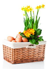 basket with spring flowers and eggs