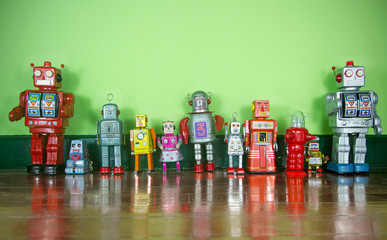 a line of retro robot toys