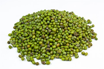 Pile of green beans on white background.