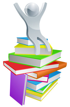person celebrating atop colorful books clip art preview