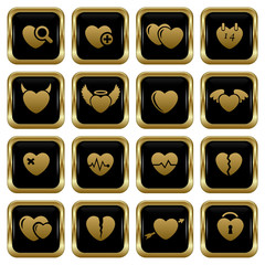 Set of the black gold heart buttons.