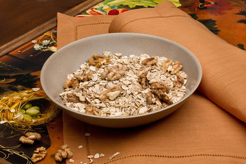 Bowl with walnuts and muesli
