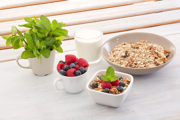 Breakfast of muesli with milk and berries