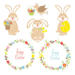 Set for Easter, Easter bunnies, flowers, birds