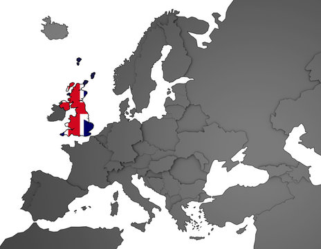3D Europakarte grau / weiß- Großbritannien Flagge