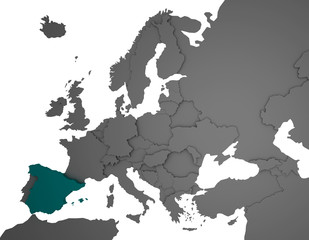 3D Europakarte grau / weiß- Spanien in türkis