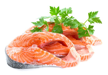 Slices of salmon, isolated on a white background.