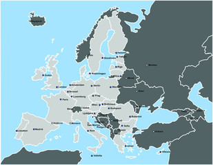 Europakarte mit Hauptstädten und EU-Staatenmarkierung © Benjamin ['O°] Zweig
