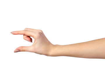 Female hand reaching for something on white