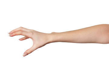 Female hand reaching for something on white
