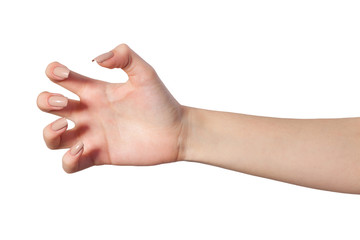 Female hand reaching for something on white