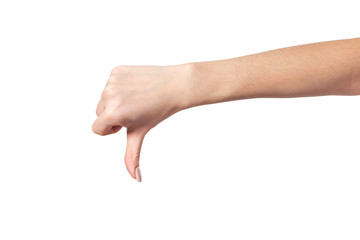 Thumb down Female hand sign isolated on white