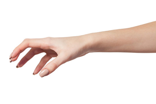 Female hand reaching for something on white