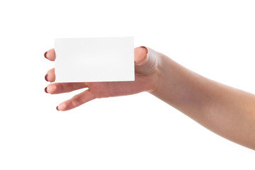 Obraz premium Businesswoman's hand holding blank business card