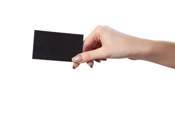 Businesswoman's hand holding blank business card