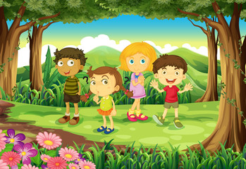 A forest with four kids