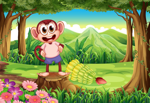 A smiling monkey above the stump with bananas at the back