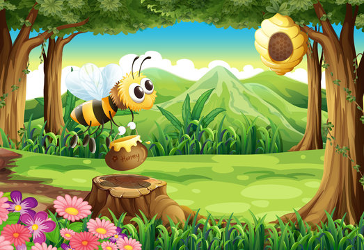 A bee carrying a pot of honey at the forest