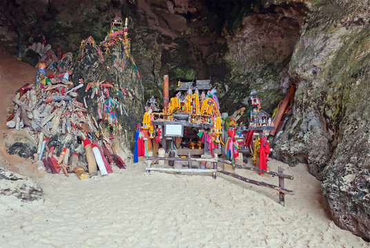Wooden phalluses in Princess cave. Railay. Thailand