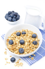 homemade granola, blueberries and jug of milk, isolated