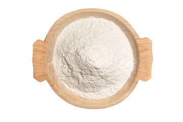 Wooden Bowl With Wheat Flour Powder Isolated On White