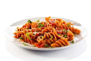 Pasta with meat, tomato sauce, parmesan and vegetables