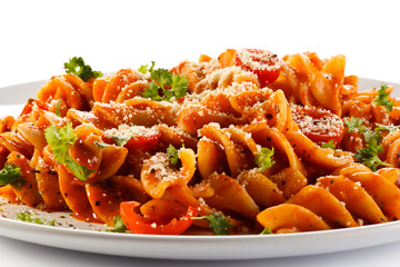 Pasta with meat, tomato sauce, parmesan and vegetables