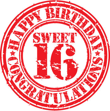 Happy birthday sweet 16 grunge rubber stamp, vector illustration
