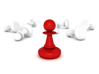 red pawn standing infront of some white lying pawns