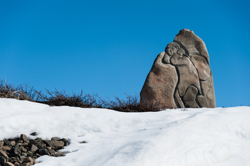 Eskimo Inuit Stone Carving near Sisimiut Airport, Greenland.