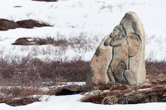 Eskimo Inuit Stone Carving near Sisimiut Airport, Greenland.