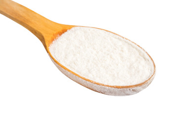 Wooden Spoon With Wheat Flour Powder Isolated On White