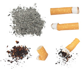 Set Cigarette butts and ashes from tobacco isolated on white - obrazy, fototapety, plakaty