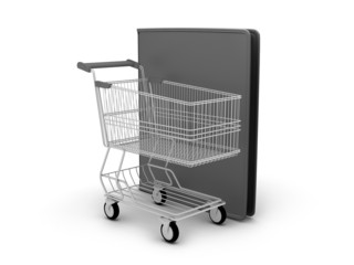 Shopping cart and black leather wallet on white background