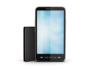 Modern cell phone and black leather wallet on white background