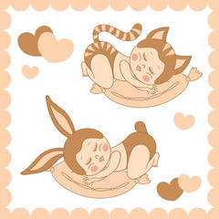 small sleeping children in costumes bunny and cat