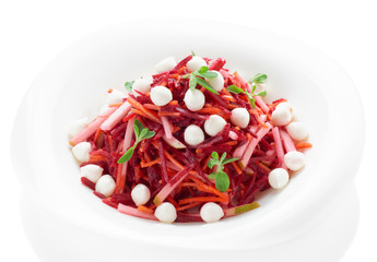Beetroot and pear salad with mozzarella isolated on white