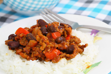 Chili con carne with rice, close up