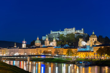 Night view of Salzburg old town, Austria