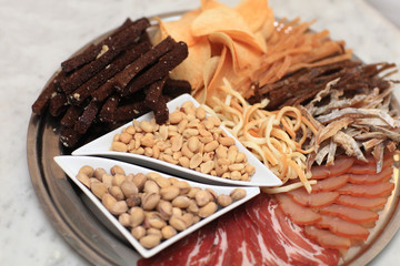 Plate of snack for beer