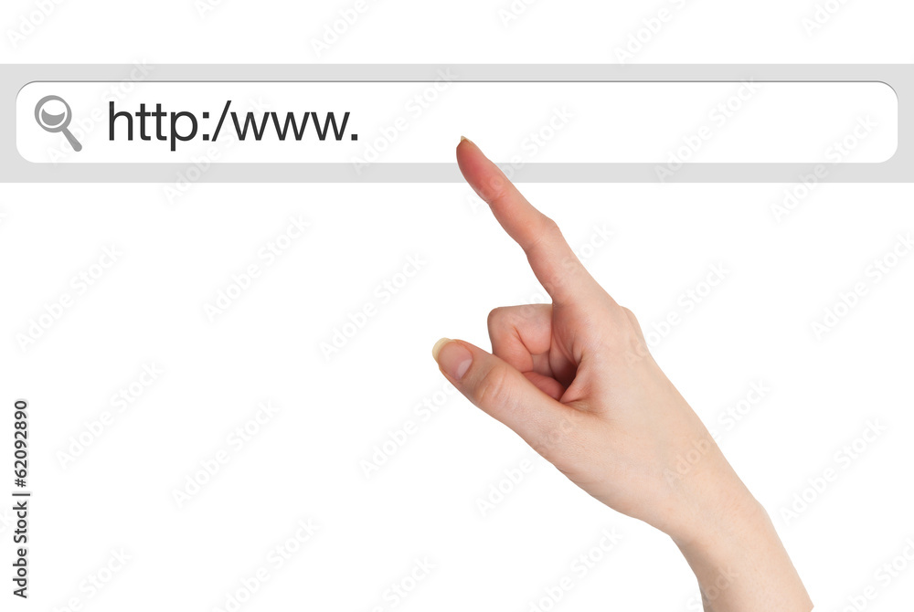 Poster hand gesture touching search bar on white background