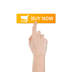 Buy button with real hand isolated on white background