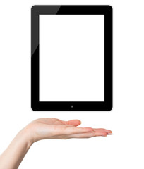 Female hand holding black tablet PC