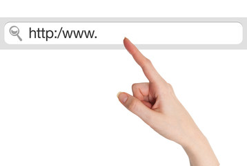 Hand gesture touching search bar on white background